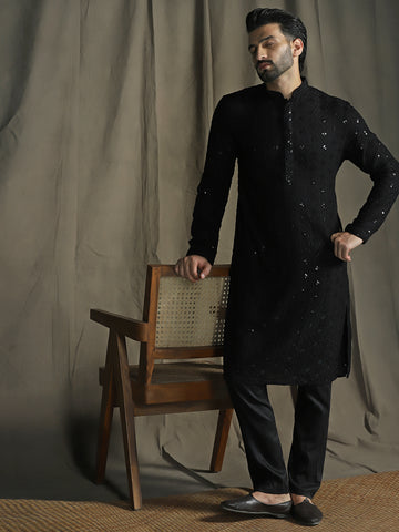 Zavaya Men Black Embroidery Cotton Blend Kurta Pyjama Set - Dista