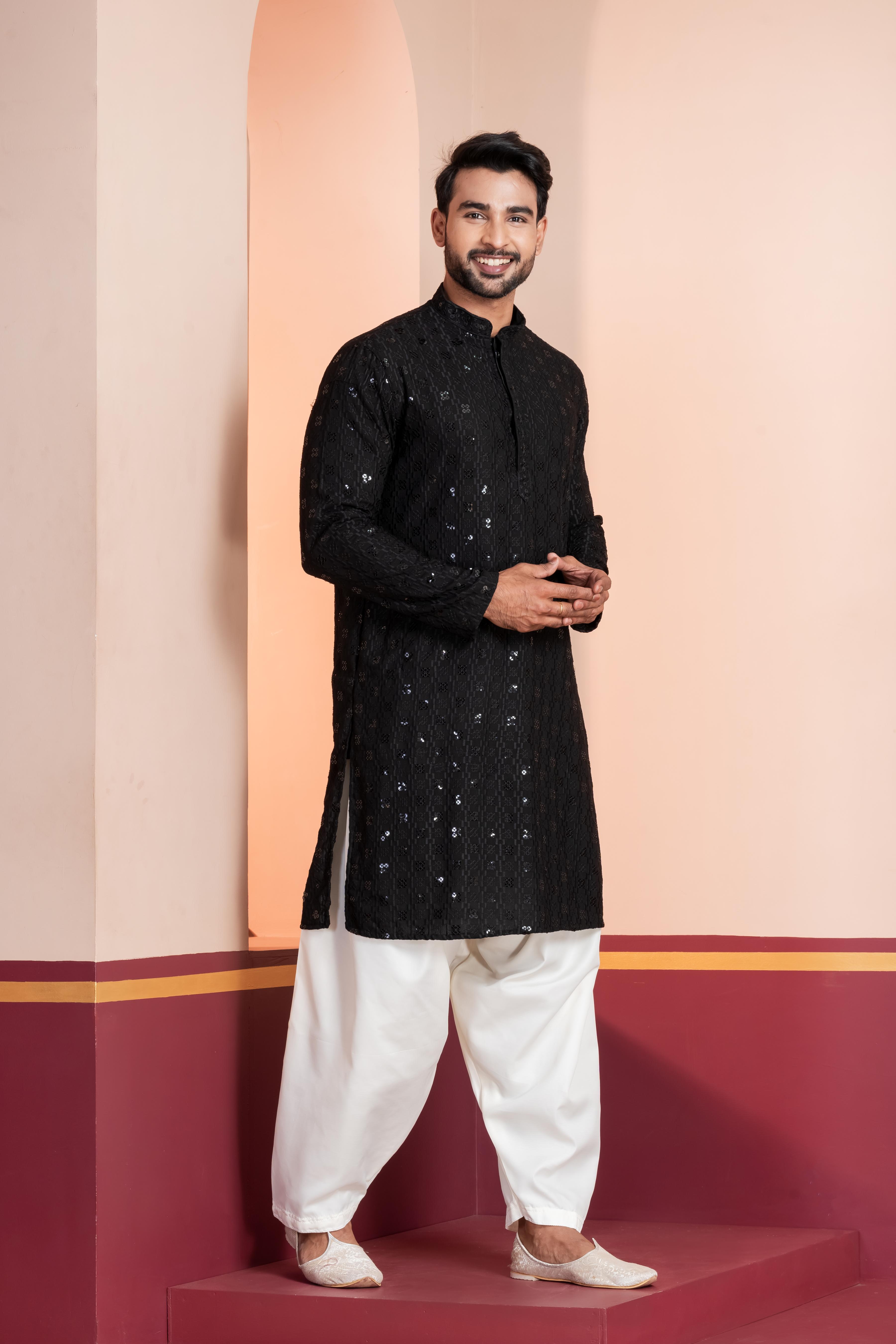 Zavaya Men Black Embroidery Cotton Blend Kurta Patiala Set - Dista