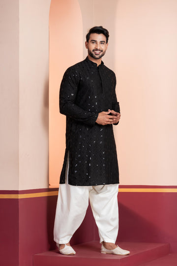 Zavaya Men Black Embroidery Cotton Blend Kurta Patiala Set - Dista