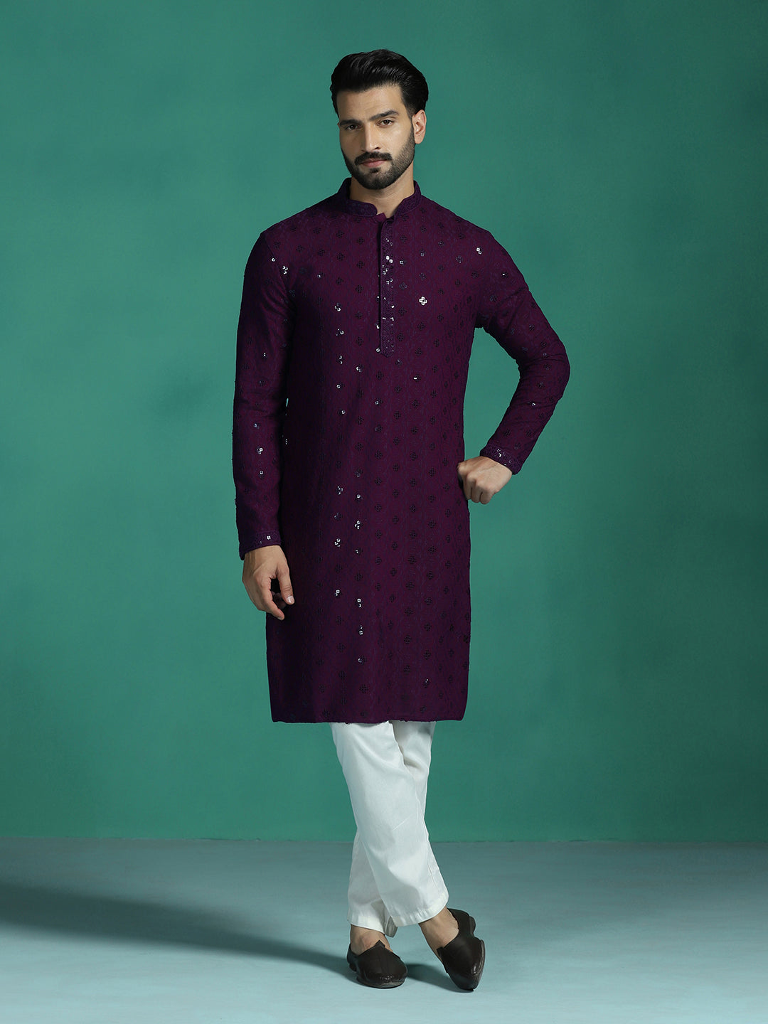 Zavaya Men Purple Embroidery Cotton Blend Kurta