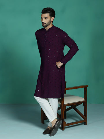 Zavaya Men Purple Embroidery Cotton Blend Kurta Pyjama Set - Dista