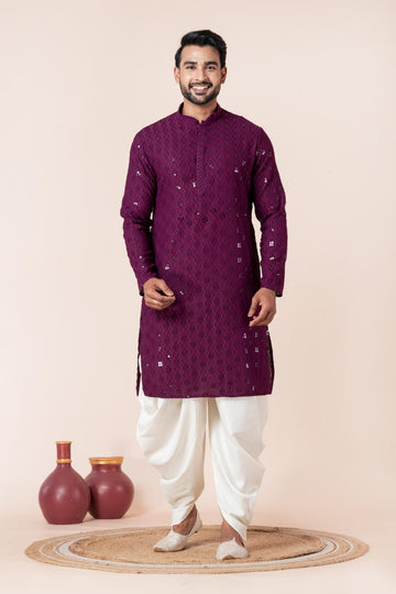Zavaya Men Purple Embroidery Cotton Blend Kurta Dhoti Set - Dista