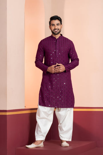 Zavaya Men Purple Embroidery Cotton Blend Kurta Patiala Set - Dista