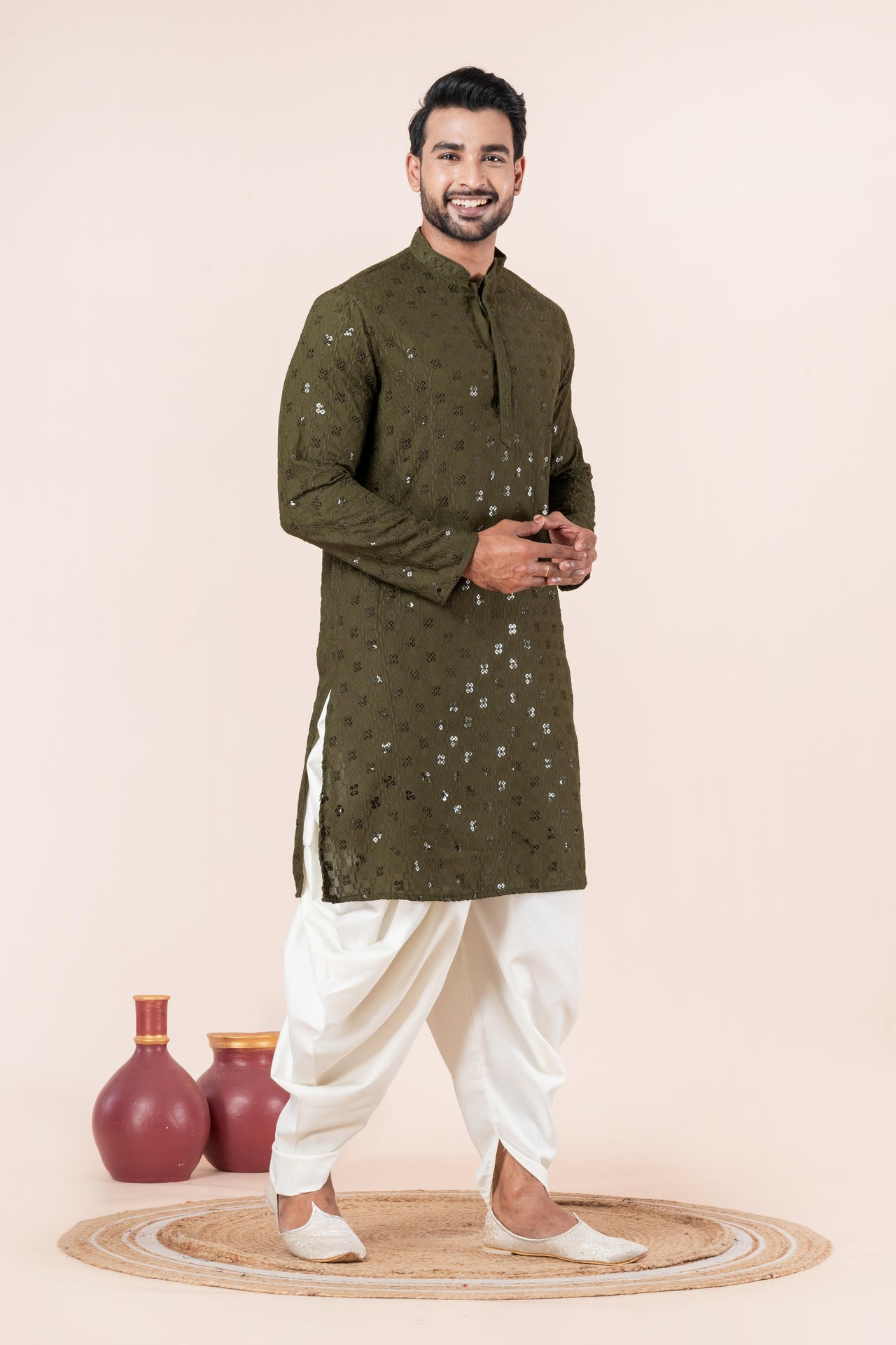 Zavaya Men Olive Embroidery Cotton Blend Kurta Dhoti Set - Dista