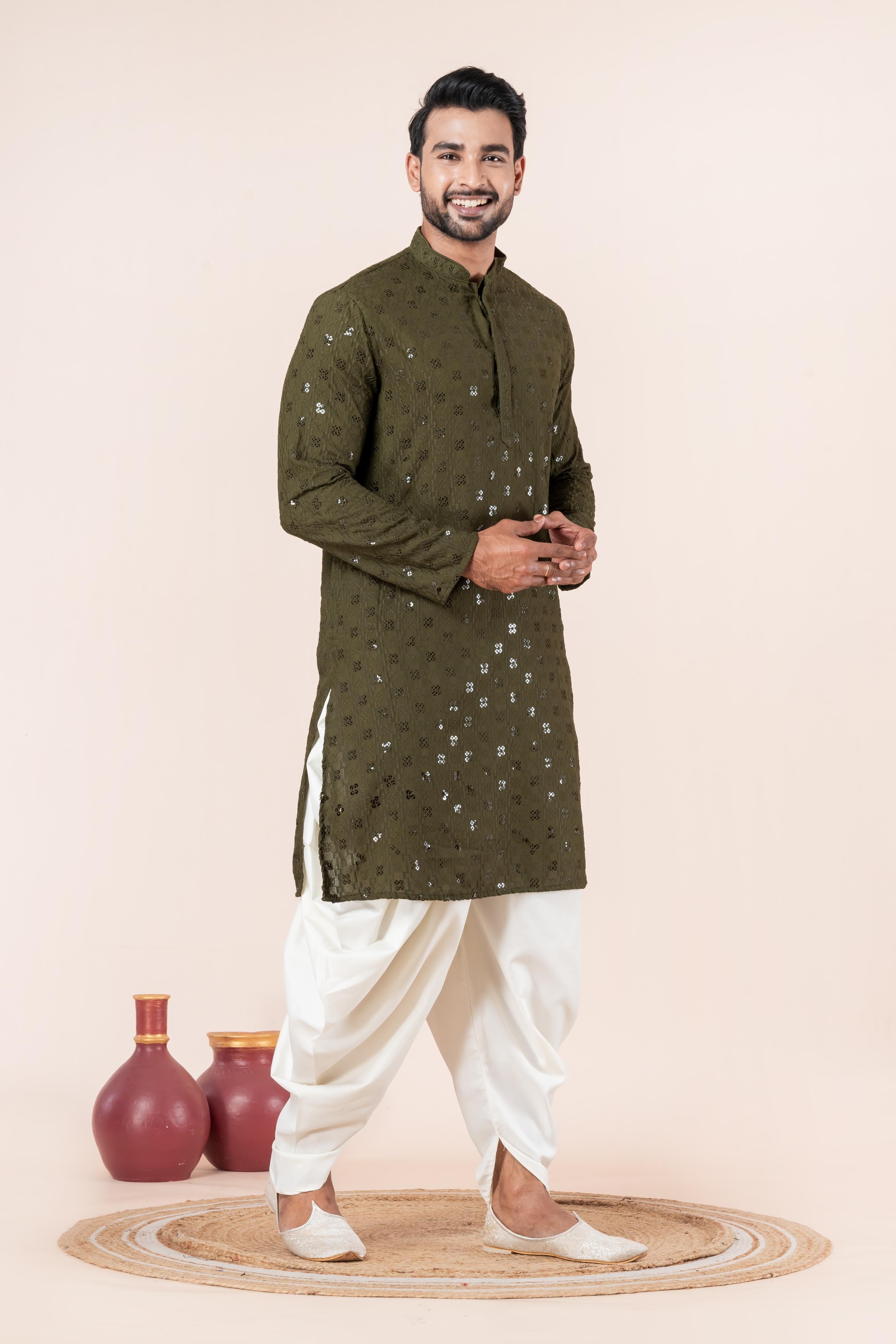 Zavaya Men Olive Embroidery Cotton Blend Kurta Dhoti Set - Dista