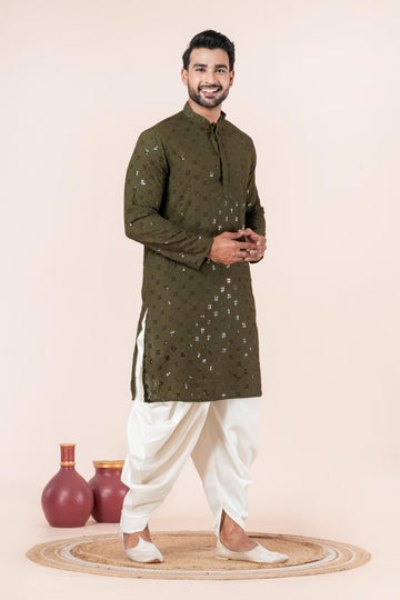Zavaya Men Olive Embroidery Cotton Blend Kurta Dhoti Set - Dista