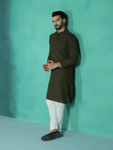 Zavaya Men Olive Embroidery Cotton Blend Kurta Pyjama Set - Dista