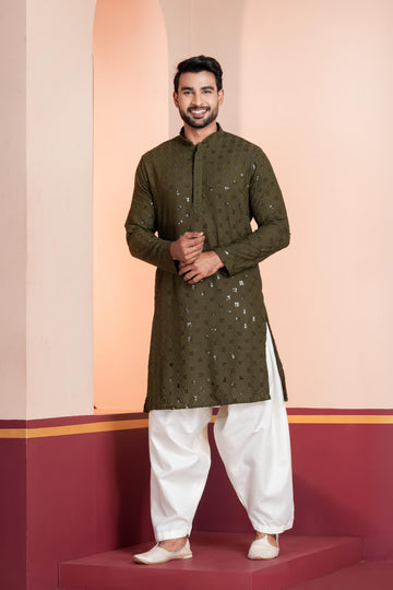 Zavaya Men Olive Embroidery Cotton Blend Kurta Patiala Set - Dista