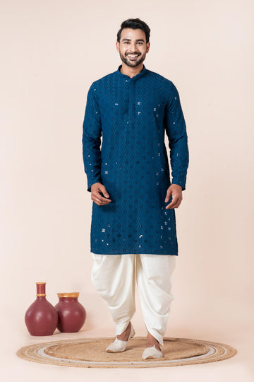 Zavaya Men Blue Embroidery Cotton Blend Kurta Dhoti Set - Dista