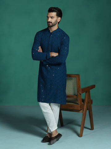 Zavaya Men Blue Embroidery Cotton Blend Kurta Pyjama Set - Dista