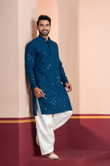 Zavaya Men Blue Embroidery Cotton Blend Kurta Patiala Set - Dista