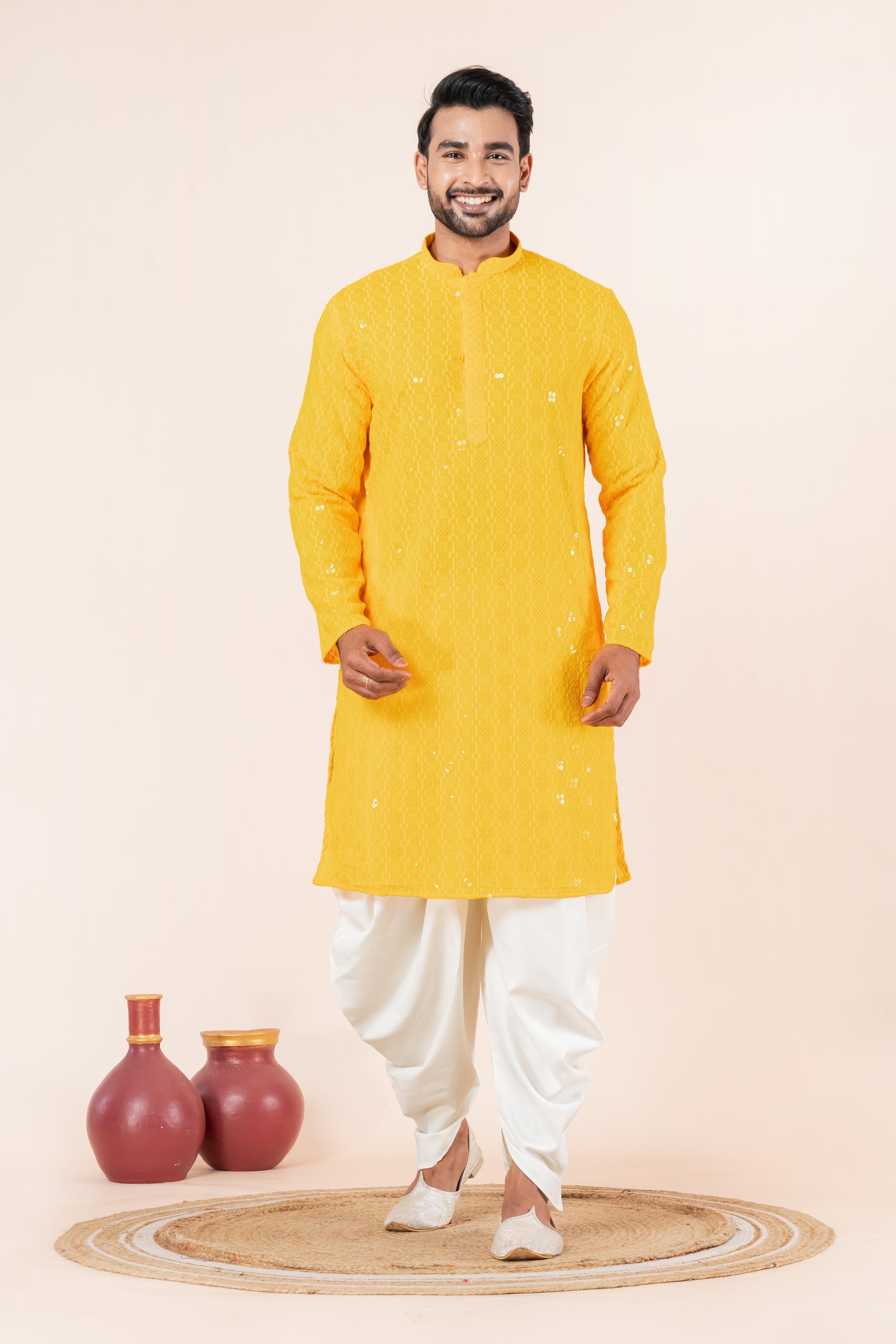 Zavaya Men Yellow Embroidery Cotton Blend Kurta Dhoti Set - Dista