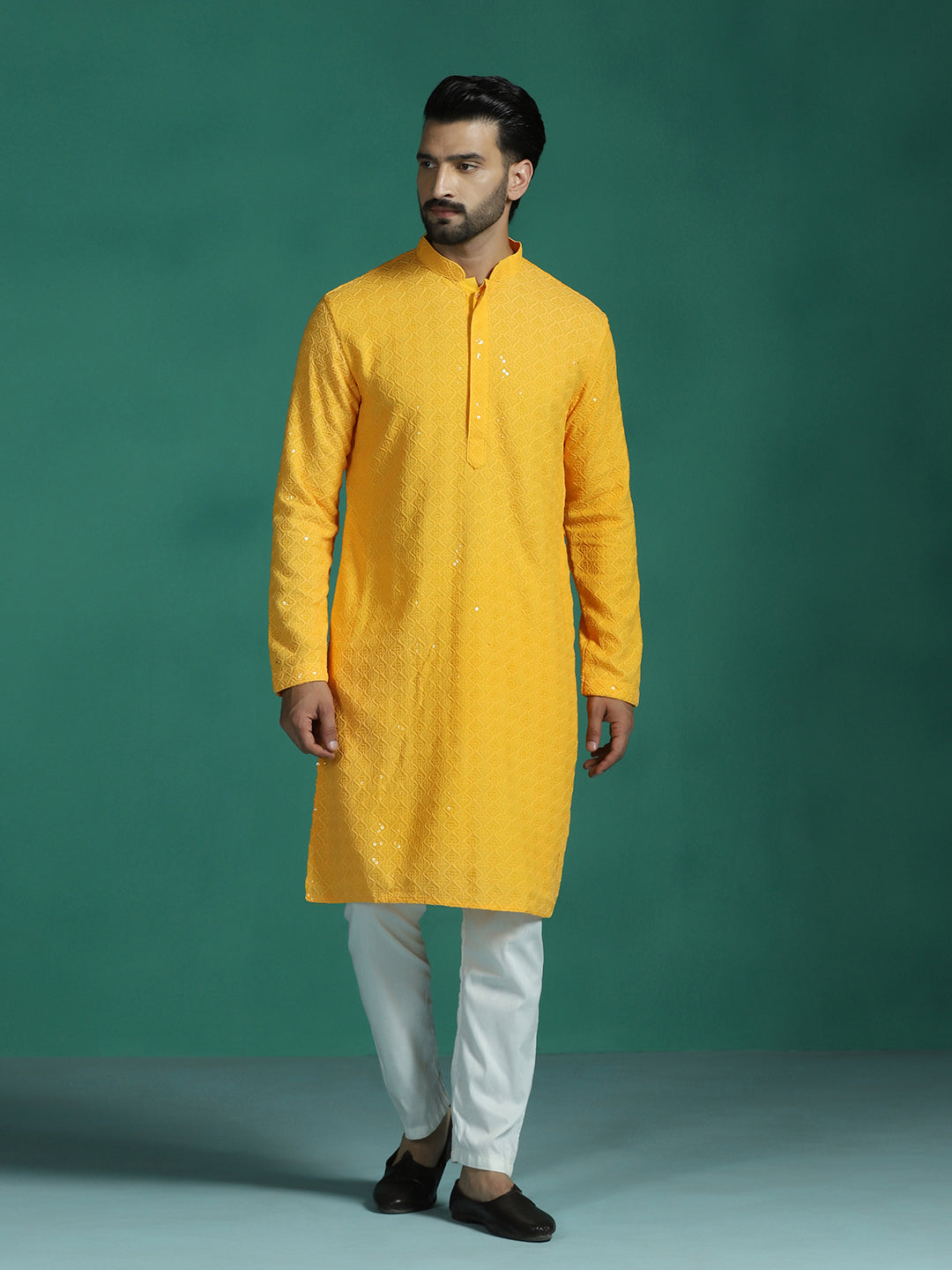 Zavaya Men Yellow Embroidery Cotton Blend Kurta Pyjama Set - Dista
