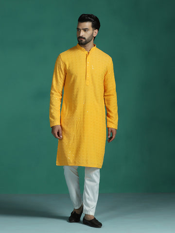 Zavaya Men Yellow Embroidery Cotton Blend Kurta Pyjama Set - Dista