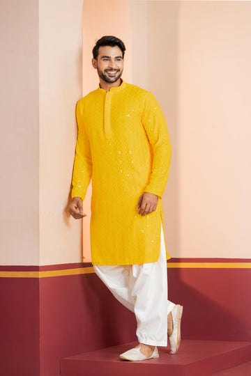 Zavaya Men Yellow Embroidery Cotton Blend Kurta Patiala Set - Dista