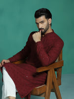 Thumbnail for Zavaya Men Red Embroidery Cotton Blend Kurta