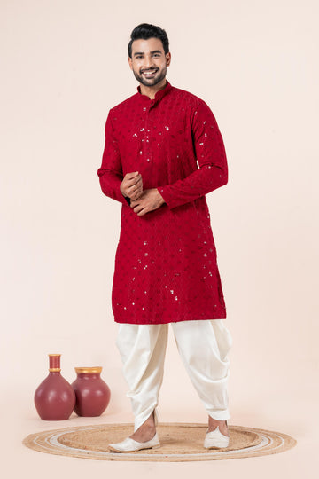 Zavaya Men Red Embroidery Cotton Blend Kurta Dhoti Set - Dista