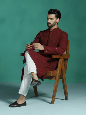 Zavaya Men Red Embroidery Cotton Blend Kurta Pyjama Set - Dista