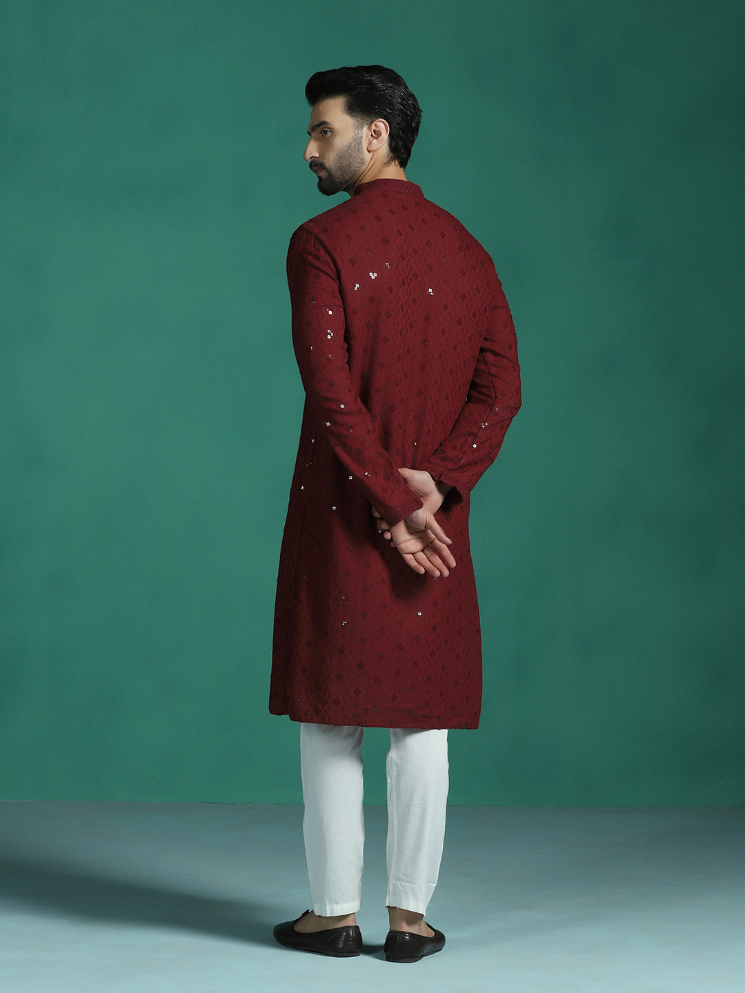 Zavaya Men Red Embroidery Cotton Blend Kurta