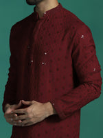 Thumbnail for Zavaya Men Red Embroidery Cotton Blend Kurta