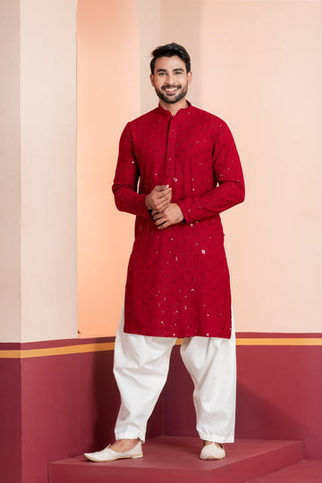 Zavaya Men Red Embroidery Cotton Blend Kurta Patiala Set - Dista