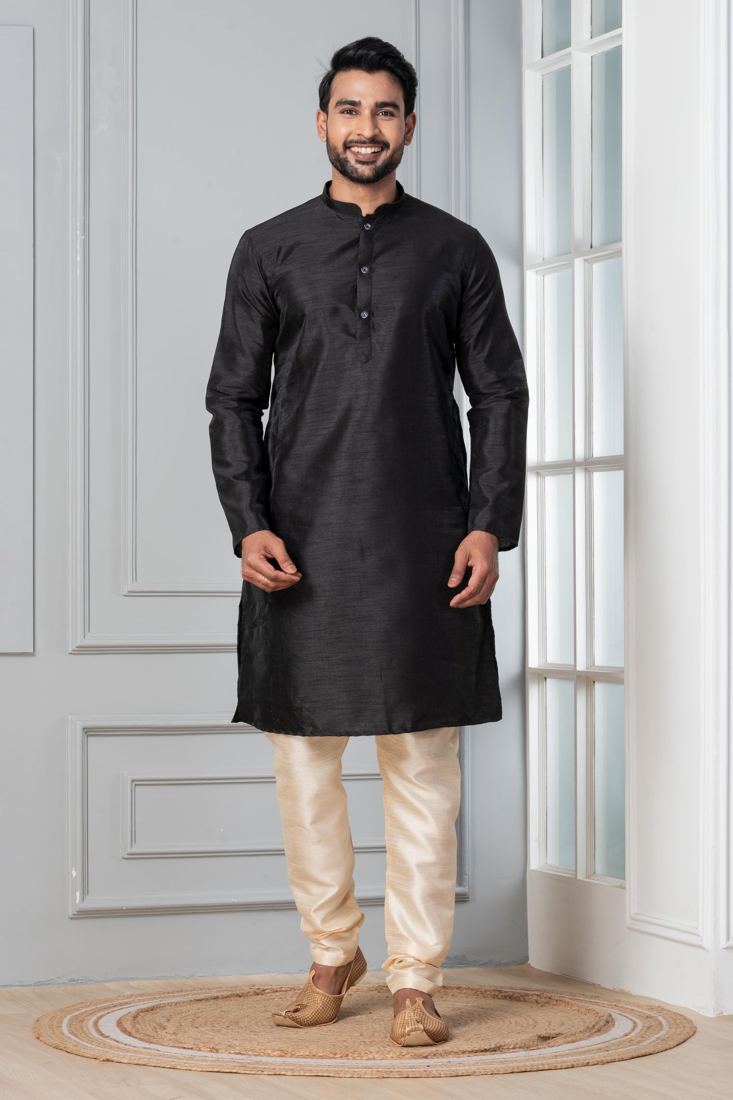 Zavaya Men Black Solid Banarasi Silk Kurta Churidar Set - Dista