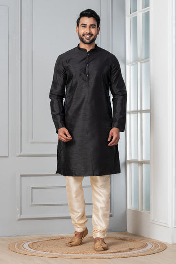 Zavaya Men Black Solid Banarasi Silk Kurta Churidar Set - Dista