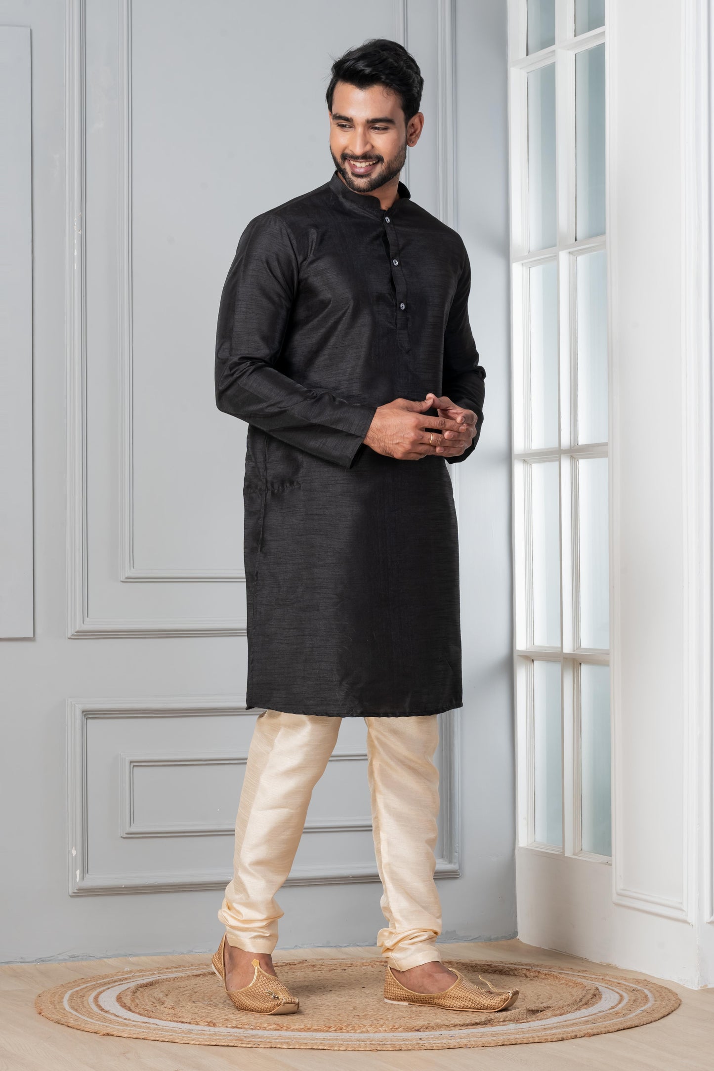 Zavaya Men Black Solid Banarasi Silk Kurta Churidar Set - Dista
