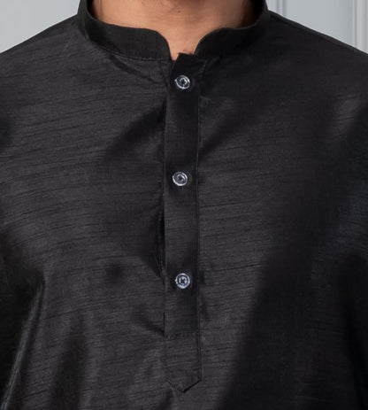 Zavaya Men Black Solid Banarasi Silk Kurta Churidar Set - Dista