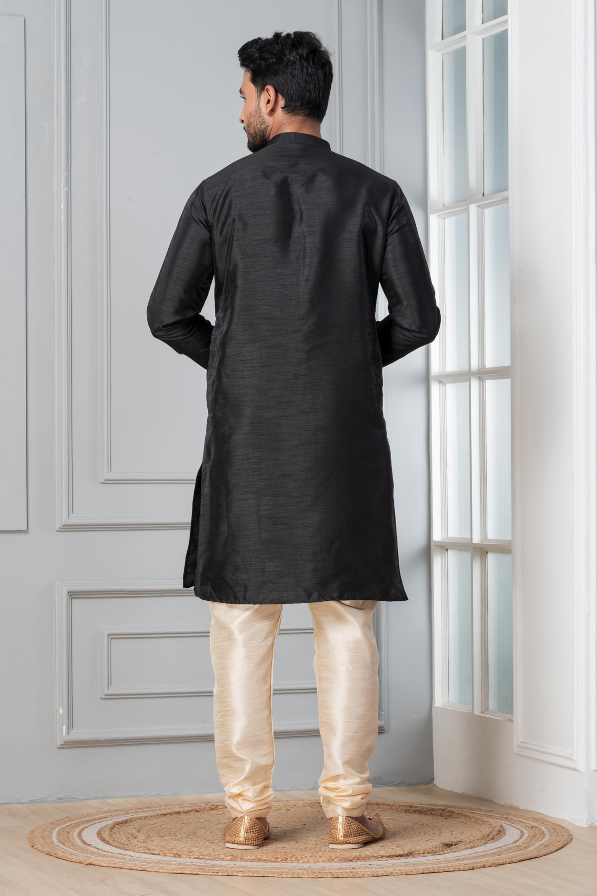 Zavaya Men Black Solid Banarasi Silk Kurta Churidar Set - Dista