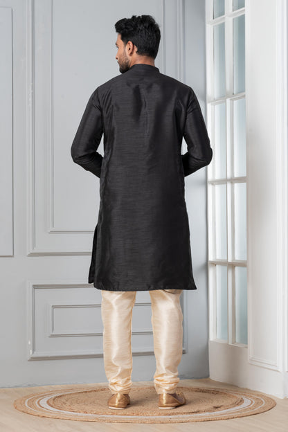 Zavaya Men Black Solid Banarasi Silk Kurta Churidar Set - Dista