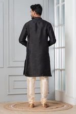 Thumbnail for Zavaya Men Black Solid Banarasi Silk Kurta Churidar Set