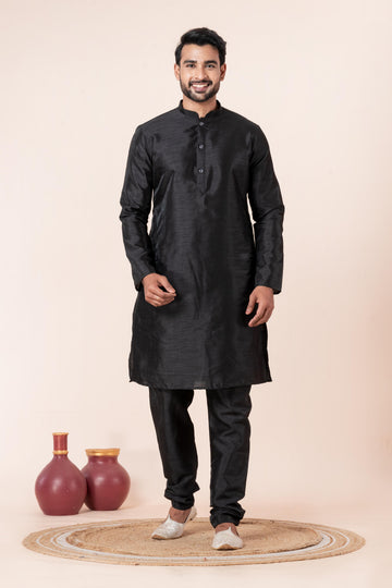 Zavaya Men Black Solid Banarasi Silk Kurta Churidar Set - Dista