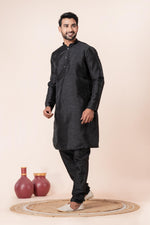 Thumbnail for Zavaya Men Black Solid Banarasi Silk Kurta Churidar Set