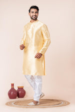 Thumbnail for Zavaya Men Yellow Solid Banarasi Silk Kurta