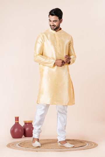 Zavaya Men Yellow Solid Banarasi Silk Kurta Churidar Set - Dista