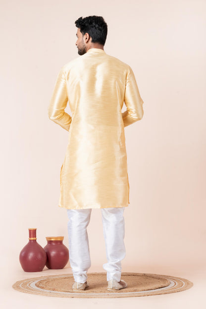 Zavaya Men Yellow Solid Banarasi Silk Kurta Churidar Set - Dista