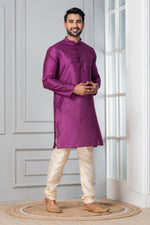 Thumbnail for Zavaya Men Purple Solid Banarasi Silk Kurta