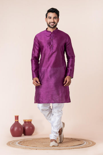 Zavaya Men Purple Solid Banarasi Silk Kurta Churidar Set - Dista