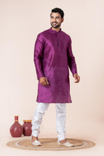 Thumbnail for Zavaya Men Purple Solid Banarasi Silk Kurta Churidar Set