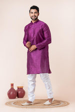 Thumbnail for Zavaya Men Purple Solid Banarasi Silk Kurta Churidar Set