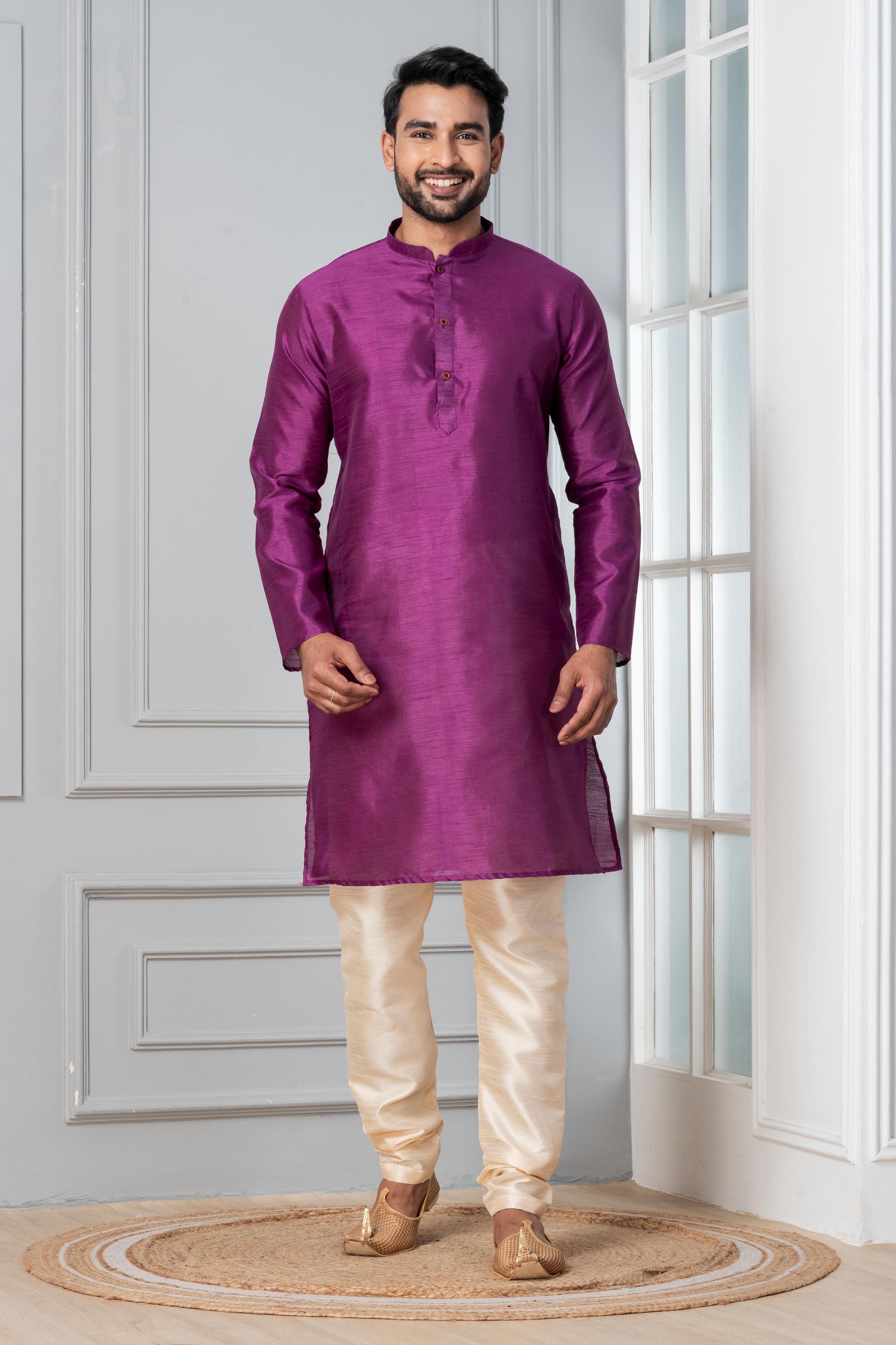 Zavaya Men Purple Solid Banarasi Silk Kurta Churidar Set - Dista