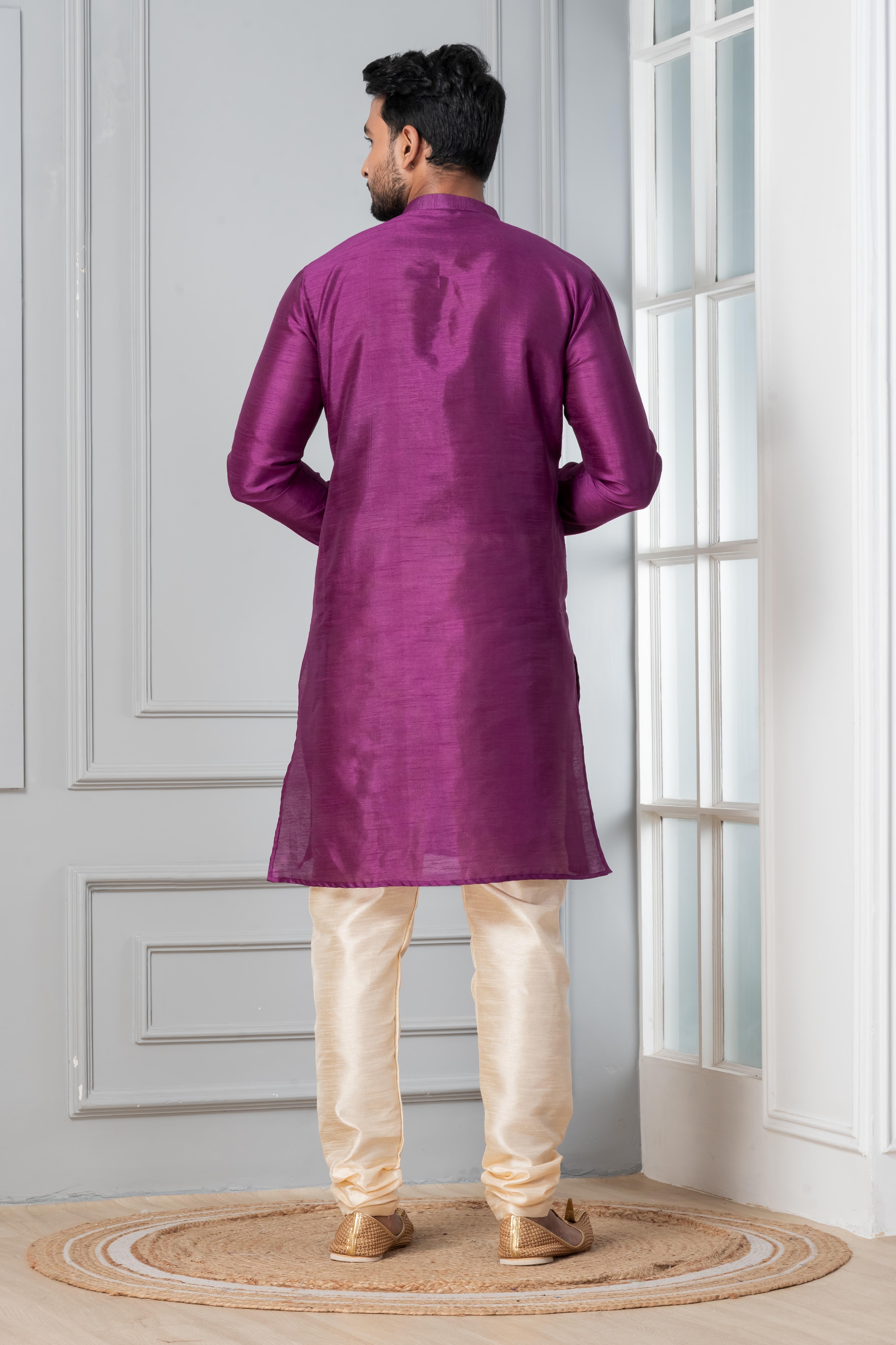 Zavaya Men Purple Solid Banarasi Silk Kurta Churidar Set