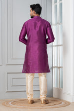 Thumbnail for Zavaya Men Purple Solid Banarasi Silk Kurta Churidar Set