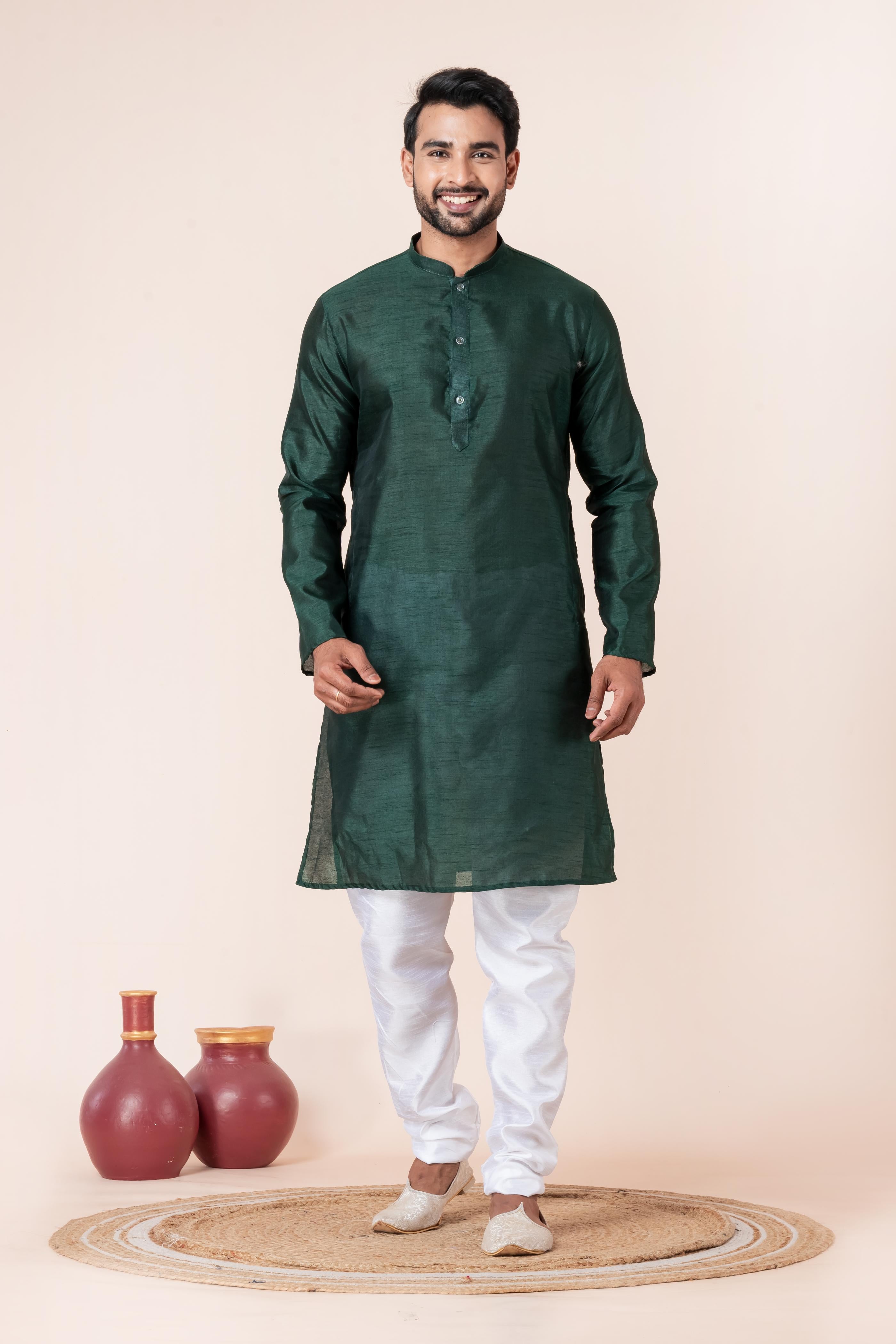 Zavaya Men Dark Green Solid Banarasi Silk Kurta Churidar Set - Dista