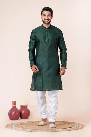 Zavaya Men Dark Green Solid Banarasi Silk Kurta Churidar Set - Dista