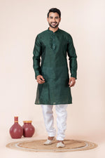 Thumbnail for Zavaya Men Dark Green Solid Banarasi Silk Kurta Churidar Set