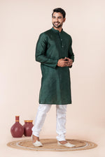 Thumbnail for Zavaya Men Dark Green Solid Banarasi Silk Kurta Churidar Set