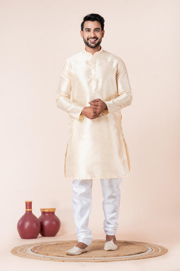 Zavaya Men Beige Solid Banarasi Silk Kurta Churidar Set - Dista