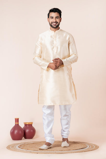 Zavaya Men Beige Solid Banarasi Silk Kurta Churidar Set - Dista